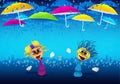 Cartoony Characters with umbrellas and rain