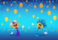 Cartoony Characters and yellow balloons Illustration