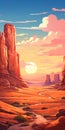 Cartoony Desert Landscape With Vibrant Colors And Western Style Portraits