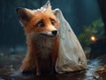 a cartoony fox in the middle of the forest who is trapped by a plastic bag