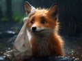 a cartoony fox in the middle of the forest who is trapped by a plastic bag