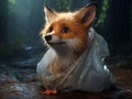 a cartoony fox in the middle of the forest who is trapped by a plastic bag