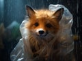 a cartoony fox in the middle of the forest who is trapped by a plastic bag