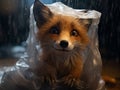 a cartoony fox in the middle of the forest who is trapped by a plastic bag