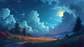 A cartoony night-time landscape with fluffy clouds and trees