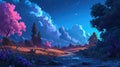 A cartoony night-time landscape with fluffy clouds and trees