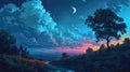 A cartoony night-time landscape with fluffy clouds and trees