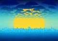 Cartoony Skyline Background with clouds, umbrellas and sunset