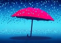 Cartoony Skyline Background with pink umbrella and rain