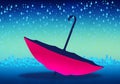 Cartoony Skyline Background with pink umbrella and raindrops