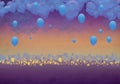 Cartoony Skyline Background at sunset, clouds and blue balloons