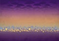 Cartoony Skyline Background at sunset with clouds, umbrellas