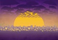 Cartoony Skyline Background at sunset with clouds, umbrellas