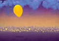 Cartoony Skyline Background at sunset, clouds and yellow balloon