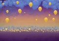 Cartoony Skyline Background at sunset, clouds and yellow balloons