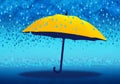 Cartoony Skyline Background with yellow umbbrella and rain