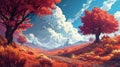 A cartoony vibrant landscape with fluffy clouds and trees