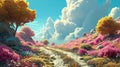 A cartoony vibrant landscape with fluffy clouds and trees