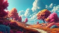 A cartoony vibrant landscape with fluffy clouds and trees