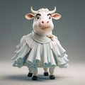 Cartoony White Cow In Dress: Adorable 3d Render Sculpture