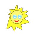 Cartoony yellow kawaii sun with big eyes smiles, shines with its sunbeams. Flat vector icon, logo, sticker.