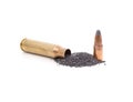 Cartridge case and a pile of gunpowder Royalty Free Stock Photo
