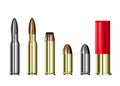 Cartridge cases with bullets, hunting and military ammunition,  set of ammo cartridges isolated on transparent background, vector Royalty Free Stock Photo