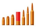 Cartridges vector set. A collection of bullets isolated on white background. Weapon ammo types and size in flat style.