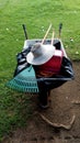 carts and garden cleaning tools, rubbish scoops, rubbish claws and rubbish bags Royalty Free Stock Photo