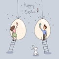 Cartton boy and girl with easter rabbit