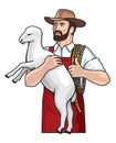 Farmer with young sheep and lasso in hands