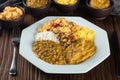 Caruru. Traditional Afro-Brazilian dish made with okra and dried shrimp, accompanied by vatapa, beans, rice, shrimp and farofa