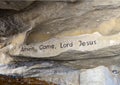 Carved bilical words inside Saint Simon the Tanner`s Hall in the Mokattam Mountains, Cairo region. Royalty Free Stock Photo