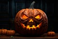 Carved creation jack o lantern pumpkin head enhances wooden backdrop, embodying Halloween essence