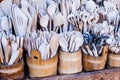 Carved cups, spoons, forks and other utensils of wood Royalty Free Stock Photo