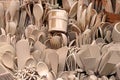 Carved cups, spoons, forks and other utensils of wood on the market, Zakopane Royalty Free Stock Photo