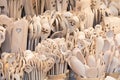 Carved cups, spoons, forks and other utensils of wood in traditional polish market. Royalty Free Stock Photo