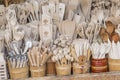 Carved cups, spoons, forks and other utensils of wood, Traditional Polish utensils. Royalty Free Stock Photo