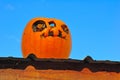 Carved Jack O Lantern, a Halloween concept, is sitting on a fence against the blue sky