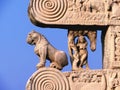 Carved decorated pillars of sanchi Buddhist monument in india