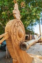 Carved decoration on a small wooden dhow at a boatyard in Oman