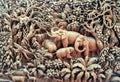 Carved Elephant Family in The Wood on The Wooden Frame Royalty Free Stock Photo