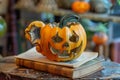 Halloween jack o lantern sitting on stack of old books Royalty Free Stock Photo