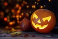 Carved halloween pumpkin with a scary glowing face, dark background with blurry lights, copy space