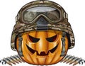 Carved halloween pumpkin wearing military helmet and ammunition belt