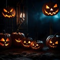 Carved halloween pumpkins glowing the the dark - ai generated image