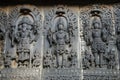 Carved idols on the outer wall of Hoysaleswara temple, is a 12th-century Hindu temple dedicated to lord Shiva, Halebeedu