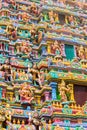 Carved images on the gopura tower of the Sri Maha Mariamman Temple, a Tamil Hindi temple located in Silom road, Bangkok,