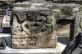 The carved images on the sandstone blocks laying on the floor awaiting restoration at Prasat Hin Phimai. Ancient Khmer castle