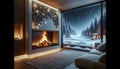carved interior with fireplace and view of the snowy forest at night Royalty Free Stock Photo